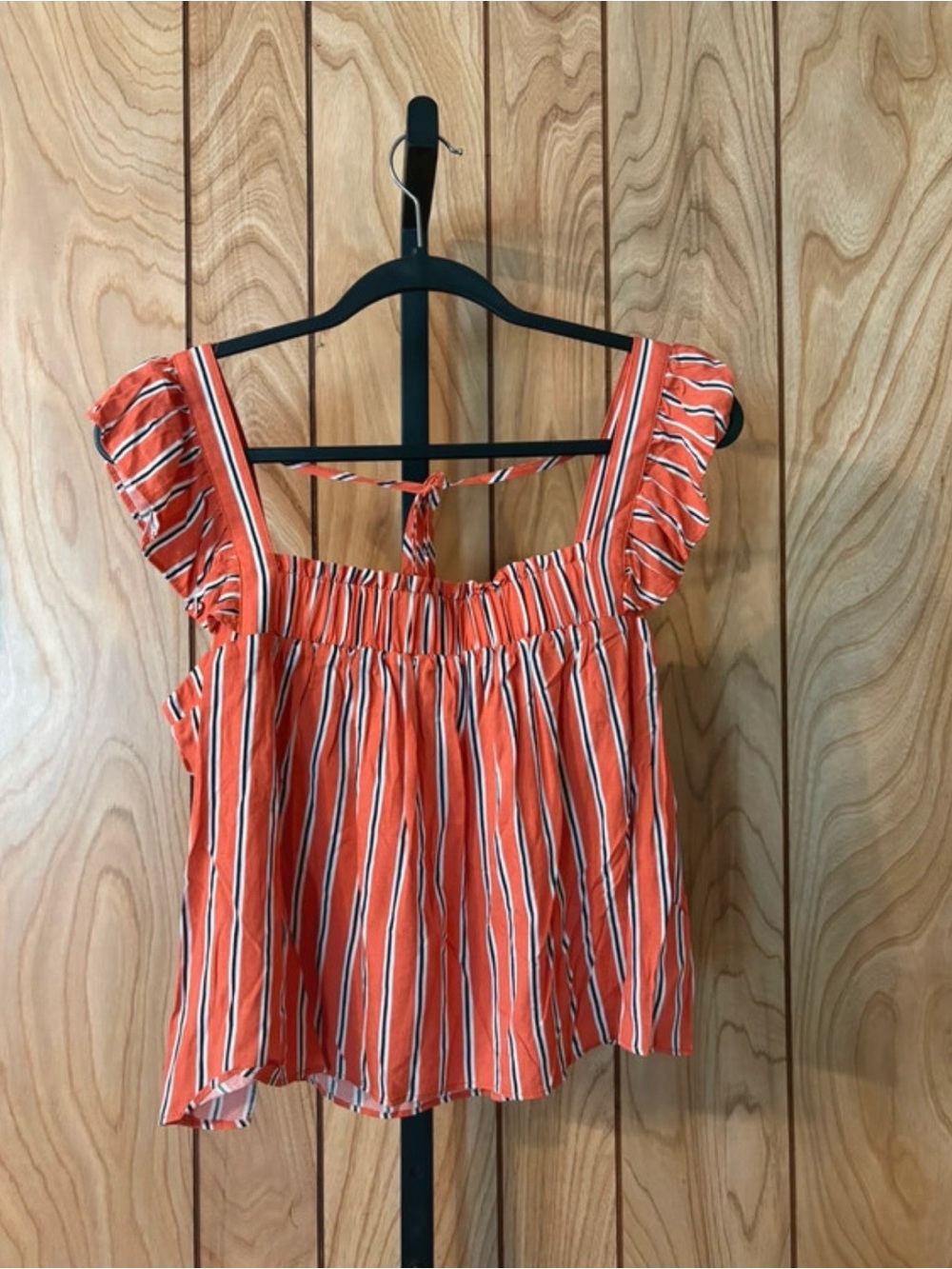 ANNIEWEAR Women’s Orange Striped Square Neck Ruffle Tie Sleeveless Blouse, S